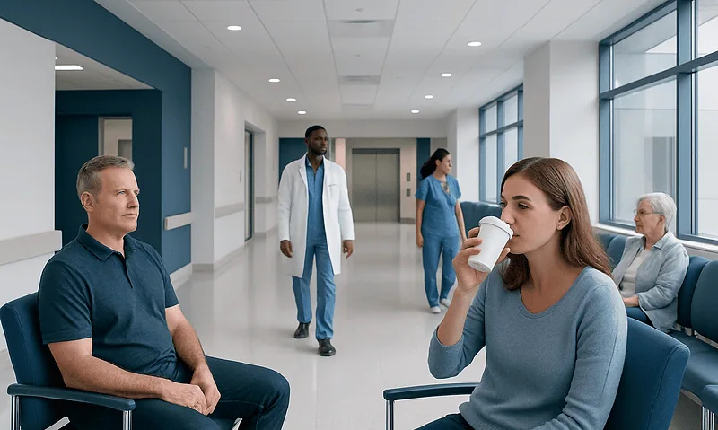 Patients waiting in a hospital corridor with medical staff present.