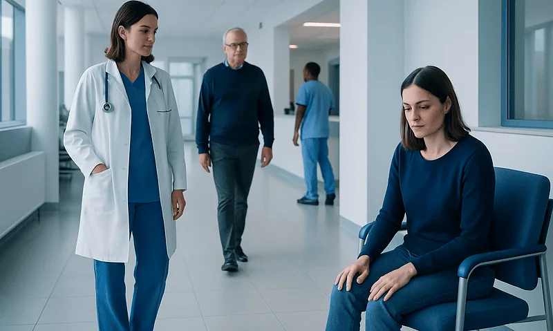 Doctor consulting a patient in a hospital corridor.