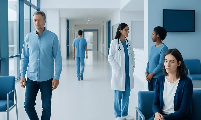 Medical professionals and patients in a modern hospital corridor.