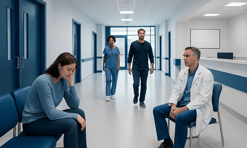 Patients and doctor in a hospital corridor, healthcare setting.