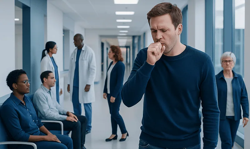 Man coughing in hospital corridor with medical staff and patients nearby.