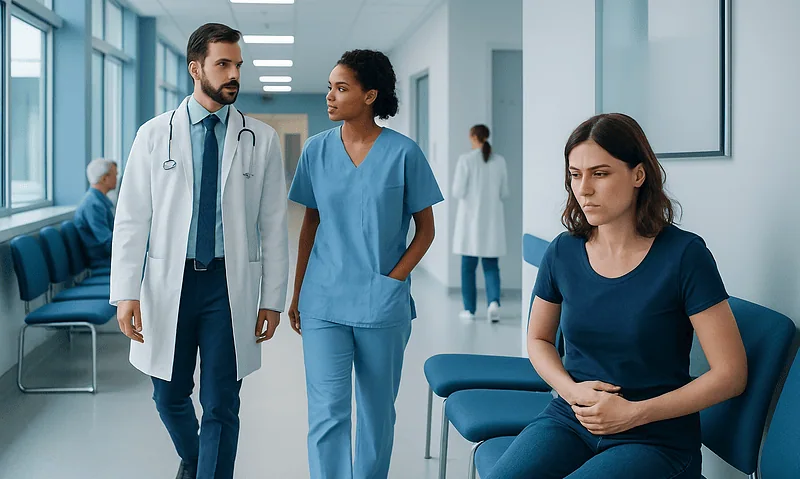 Young woman experiencing discomfort in a hospital waiting area with medical staff nearby.