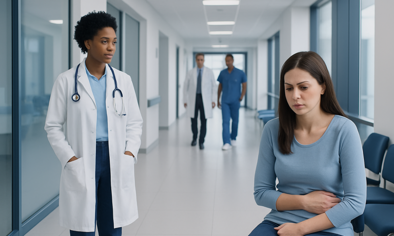 Doctor talking to a woman patient in hospital corridor.