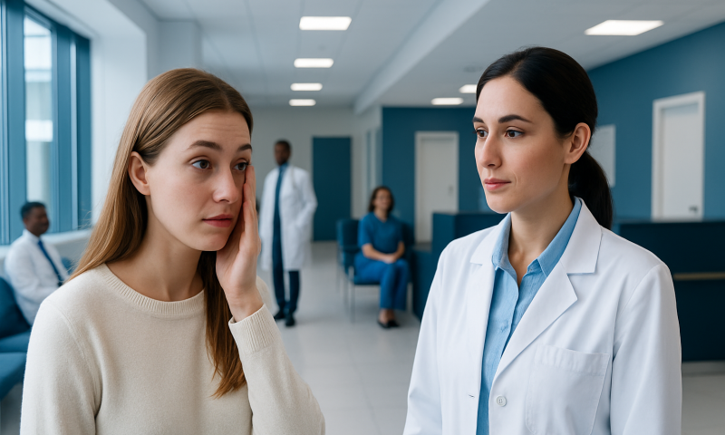 Patient consulting with doctor about eye health in hospital corridor.