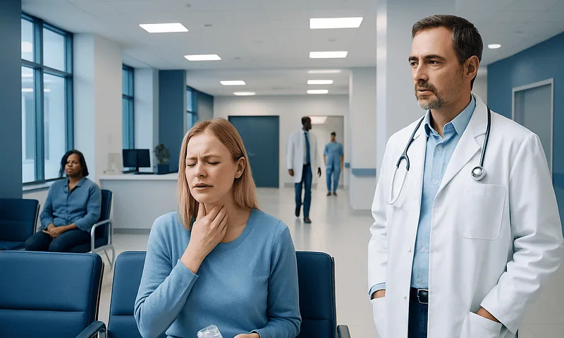 Patient with sore throat consulting a doctor in hospital waiting area.