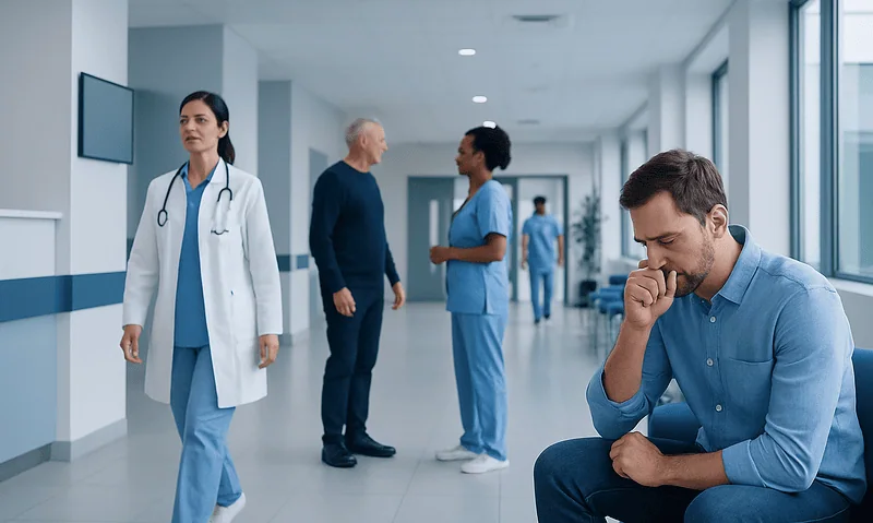 Patient experiencing headache in hospital corridor with medical staff nearby.
