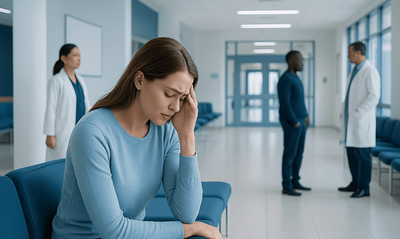 Young woman with headache in hospital waiting area.