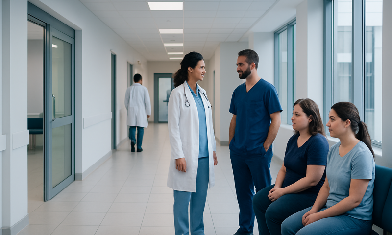 Medical consultation in hospital corridor with doctor and patients.