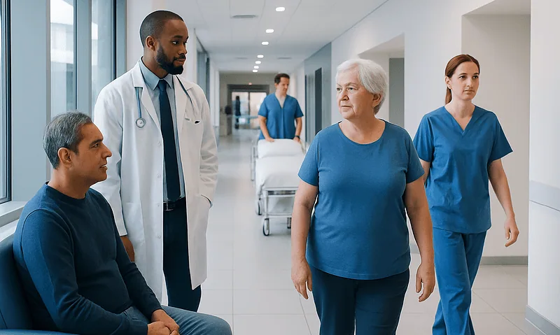 Hospital staff consulting with elderly patient in corridor.