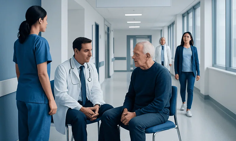 Health Library 1 Medical team consulting elderly patient in hospital corridor.