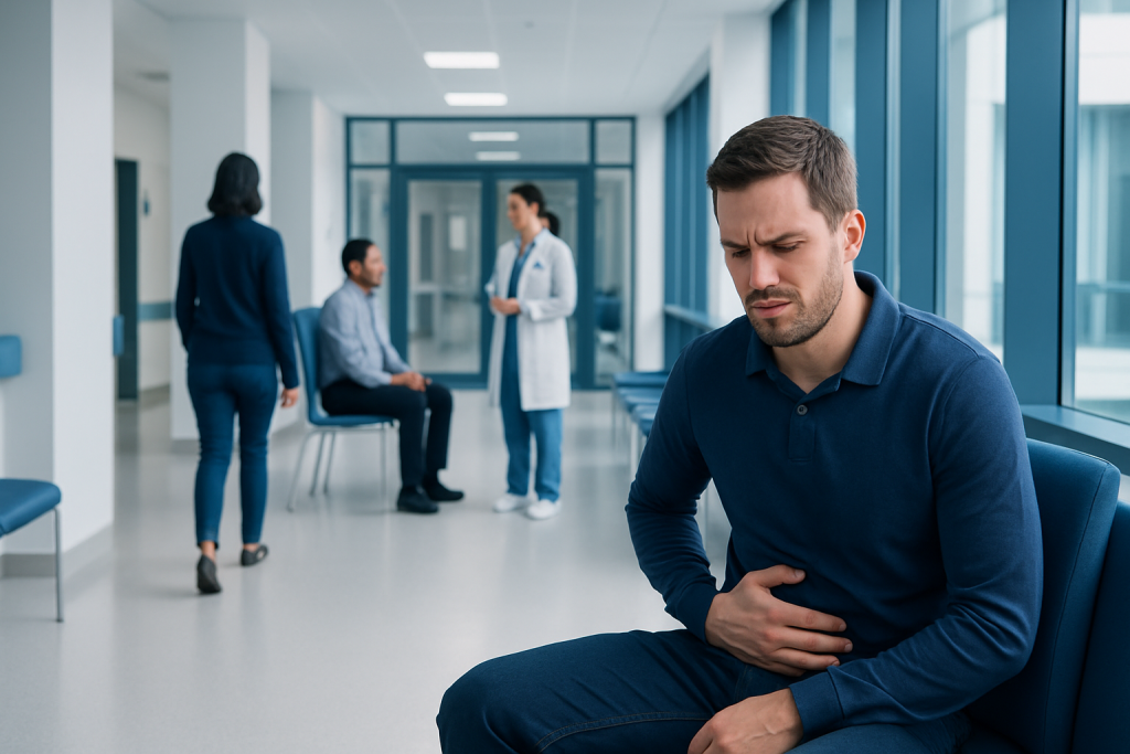 Diarrhea and Body Pain Explained: Common Triggers and Red Flags 1 Man experiencing stomach pain in a hospital corridor.