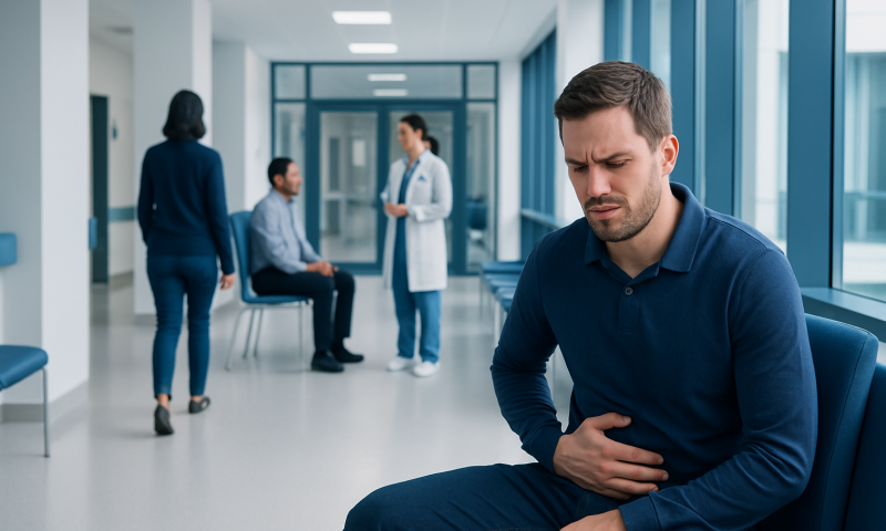 Man experiencing stomach pain in a hospital corridor.