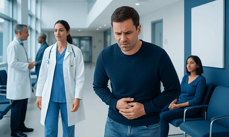 Man experiencing stomach pain in hospital corridor with medical staff nearby.