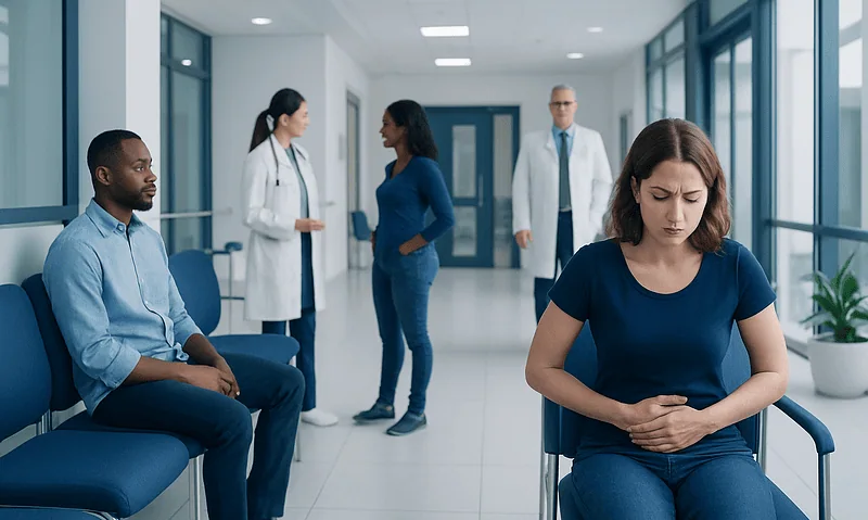 Woman experiencing abdominal pain in a hospital waiting area.