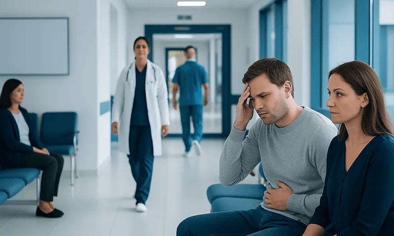 Patient experiencing headache in hospital corridor with medical staff nearby.