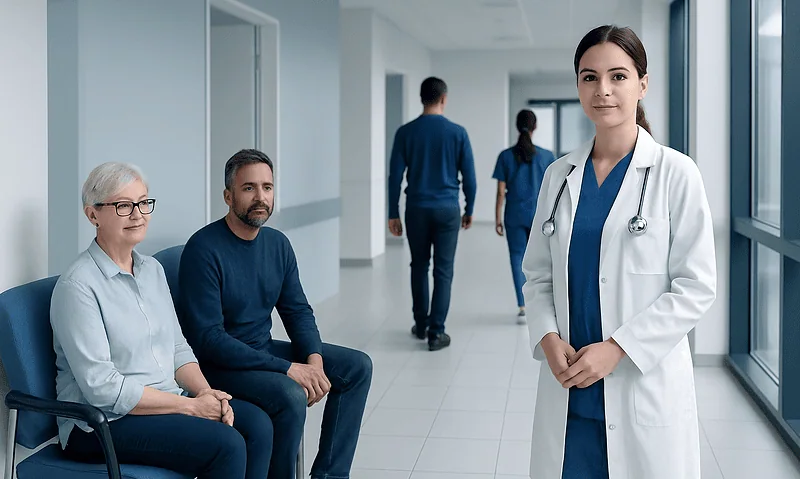 Healthcare professionals and patients in a hospital corridor.