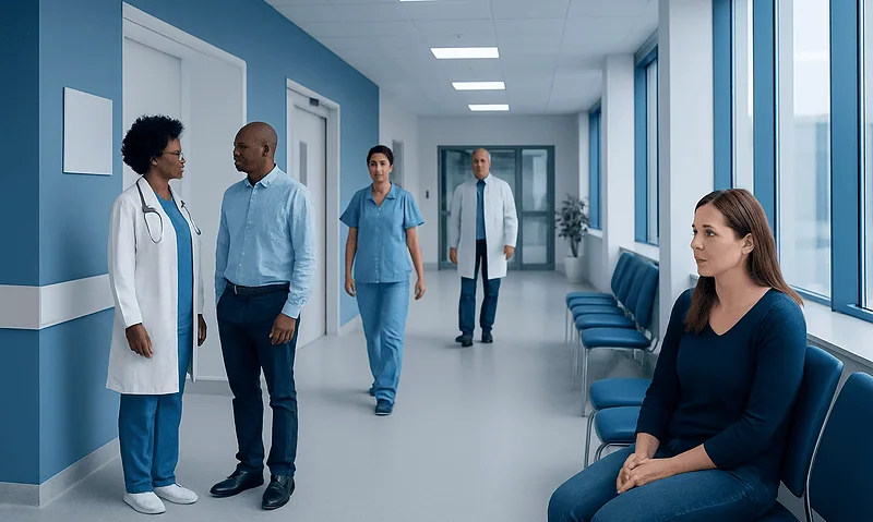 Medical professionals and patient in hospital corridor at Acibadem Hospitals Group.