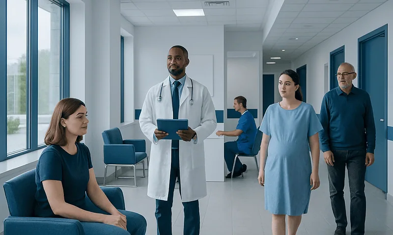 Doctor consulting with patients in a modern hospital corridor.
