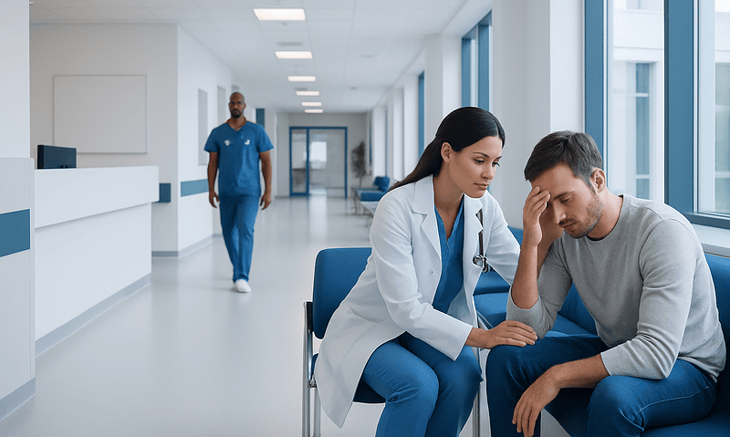 Doctor comforting patient with dizziness in hospital corridor.
