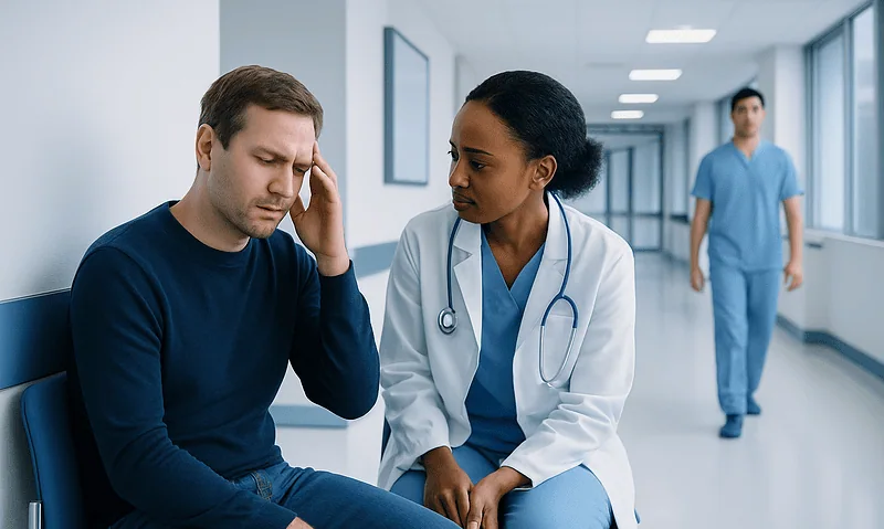 Patient experiencing dizziness consulting with a doctor in hospital corridor.