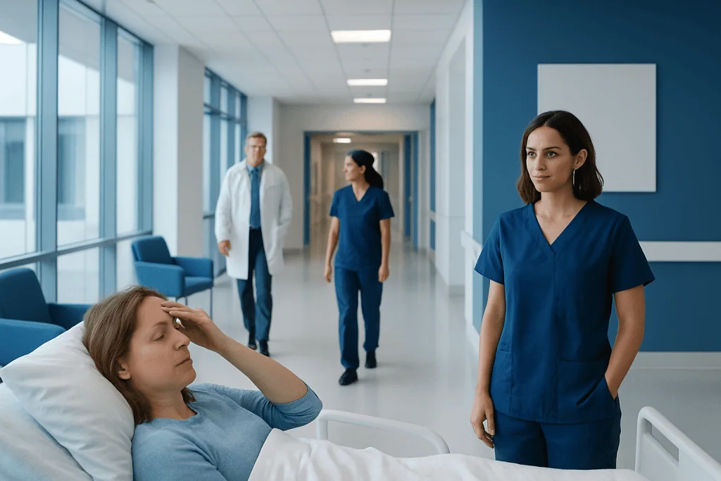 Dizziness When Lying Down: Possible Causes and When to Seek Care 1 Hospital scene with patient and medical staff in a modern corridor.