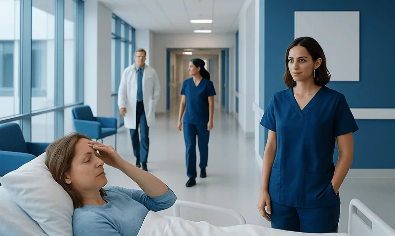 Hospital scene with patient and medical staff in a modern corridor.