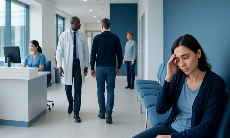 Patient experiencing dizziness in a hospital waiting area at Acibadem Hospitals Group.