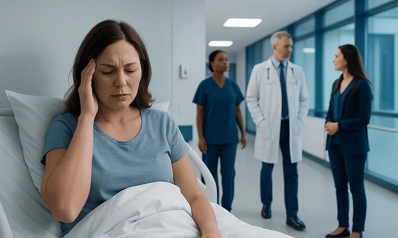 Woman experiencing dizziness in hospital bed with medical staff nearby.