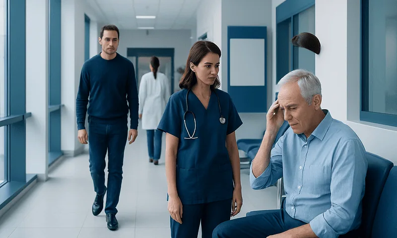 Doctor consulting with elderly patient in hospital corridor.