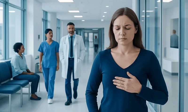 Woman experiencing chest pain in hospital corridor with medical staff nearby.