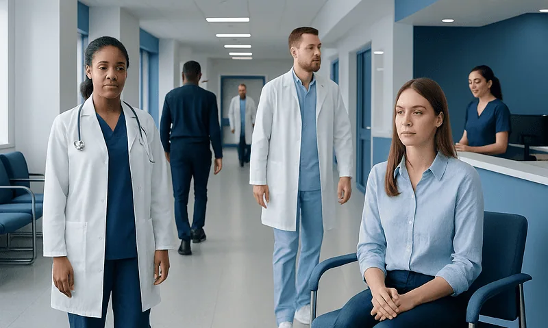 Medical professionals and a patient in a hospital corridor.