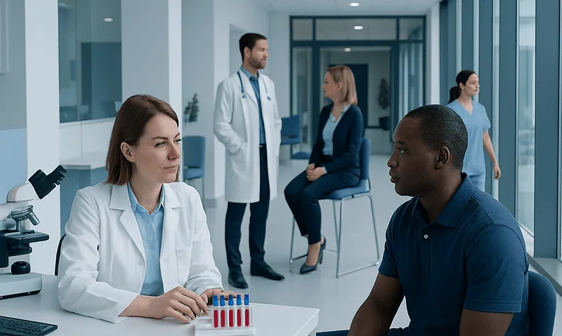 Doctor consulting patient in modern hospital setting with lab tests.