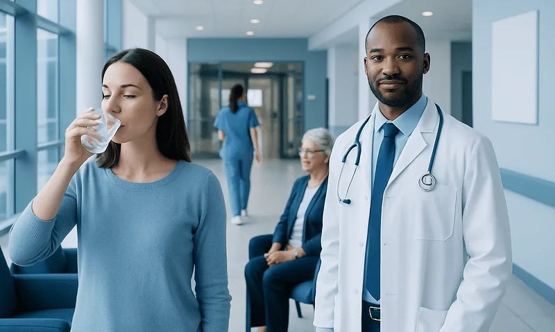 Patient drinking water in hospital corridor with medical staff nearby.