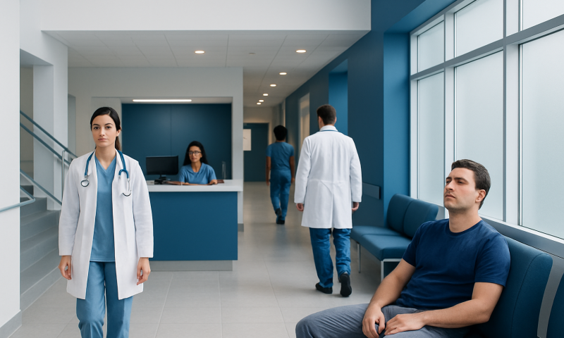 Patients and medical staff in a modern hospital corridor.