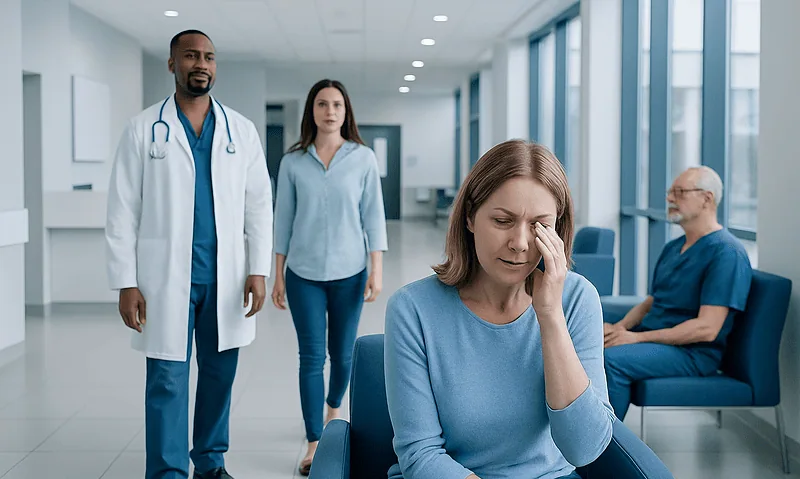 Woman with dry eyes in a hospital waiting area with medical staff nearby.