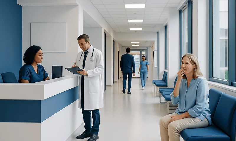 Doctor consulting with patient at hospital reception area.