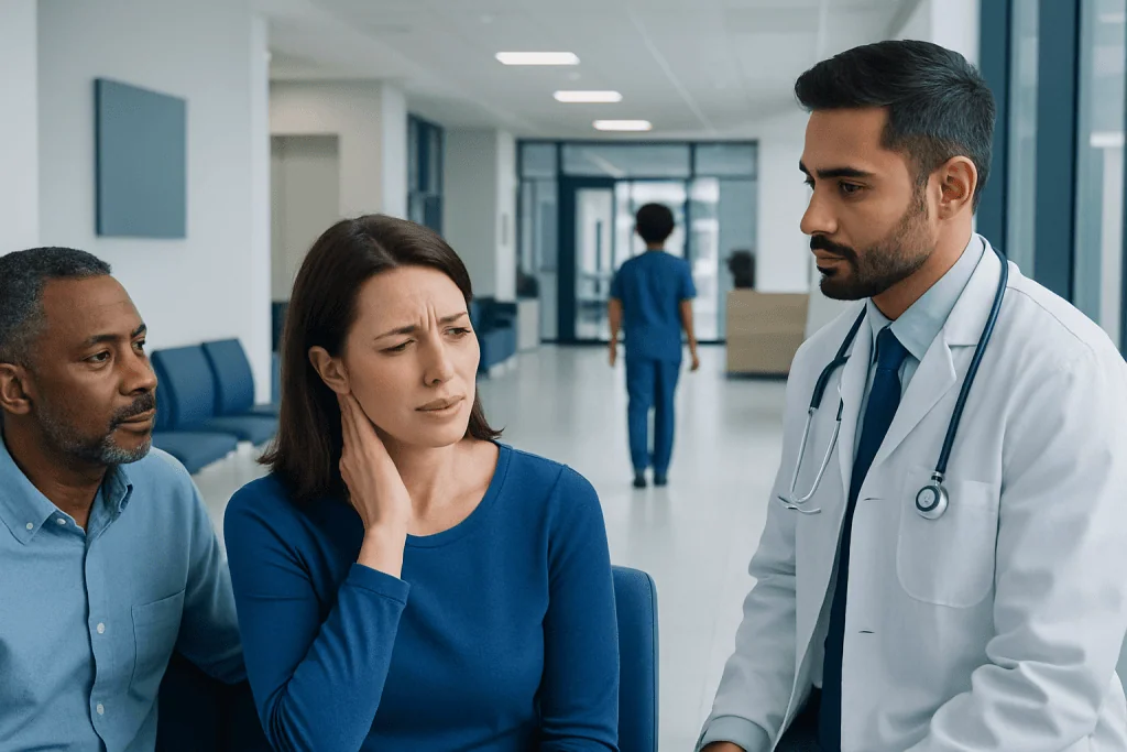 Ear Ache Throat Ache: Common Causes, Related Conditions, and When to See a Doctor 1 Doctor consulting with worried woman and companion in hospital corridor.