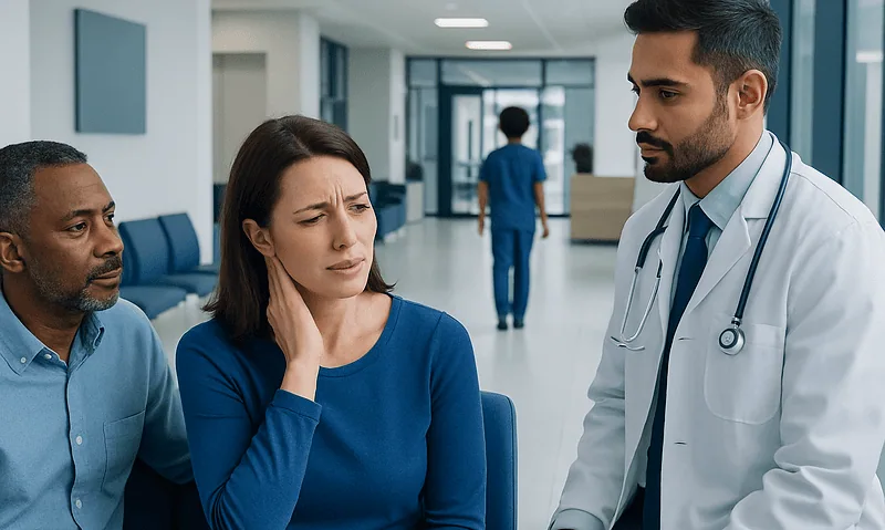 Doctor consulting with worried woman and companion in hospital corridor.