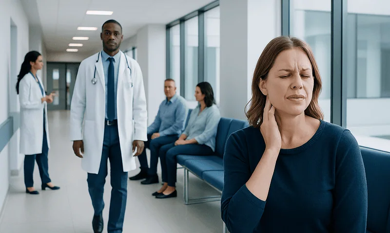 Patient experiencing ear and throat discomfort in a hospital corridor.