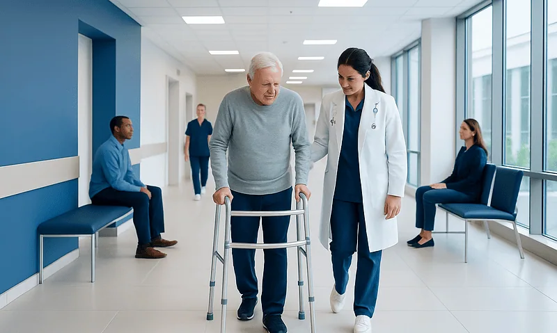 Recovery After a Stroke: What a Vascular Neurologist Monitors in the First Weeks and Months 5 Elderly man with walker walking with nurse in hospital corridor.