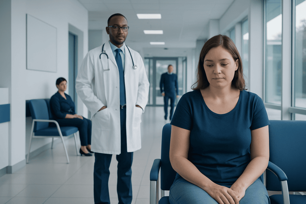 Eating Difficulties After Gastric Sleeve: What's Normal and What Isn't 1 Patient waiting in hospital corridor with doctor and other patients present.