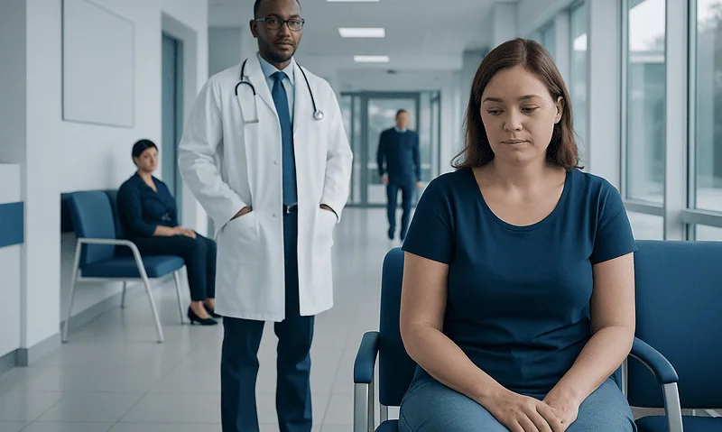 Patient waiting in hospital corridor with doctor and other patients present.