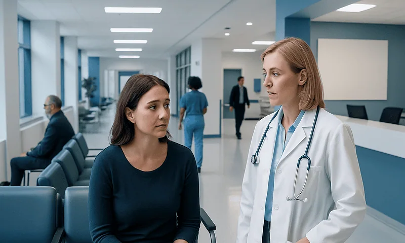 Doctor consulting a patient in a hospital corridor.