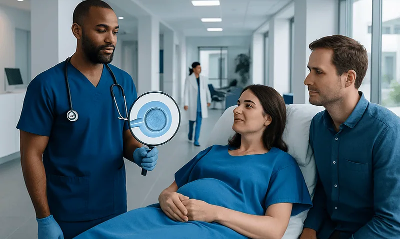Doctor explaining embryo transfer process to a patient and partner in a hospital.
