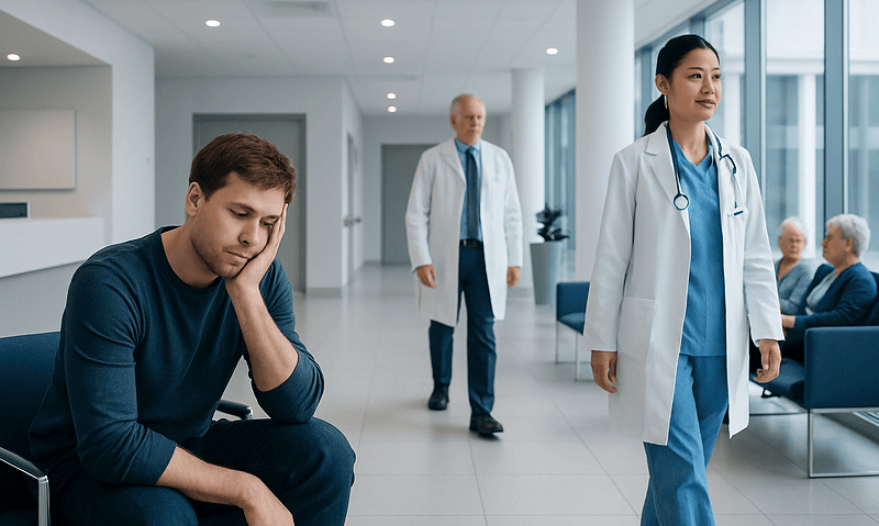 Patient waiting in hospital corridor with medical staff nearby.