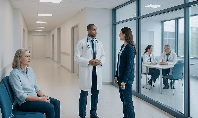 Doctor discussing with patient in hospital corridor before neuromodulation procedure.