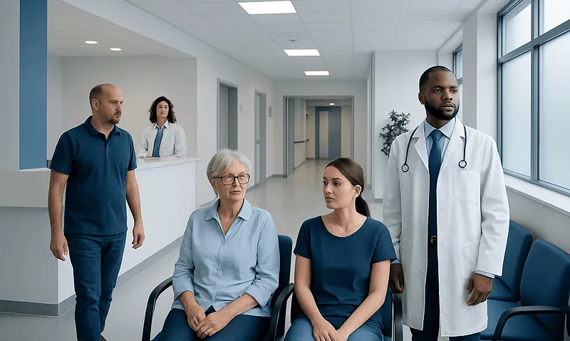 Medical team and patient in hospital corridor at Acibadem Hospitals Group.