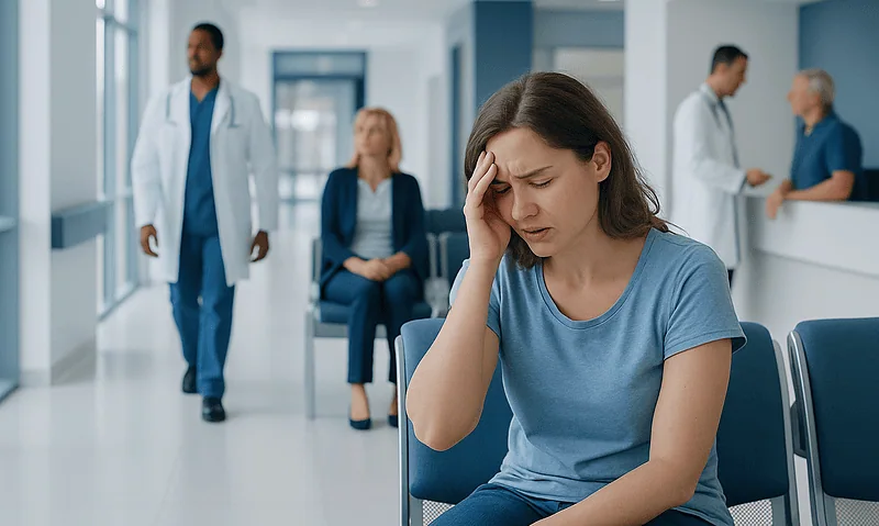 Young woman with headache in hospital waiting area.