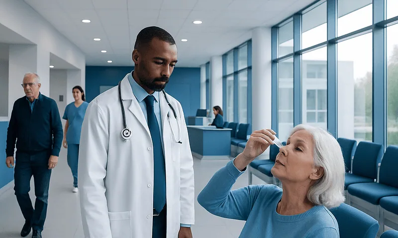 Doctor administering eye drops to elderly woman in hospital corridor.