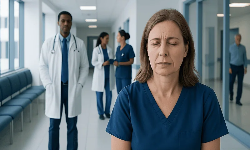 Female nurse experiencing eye twitch in hospital corridor.